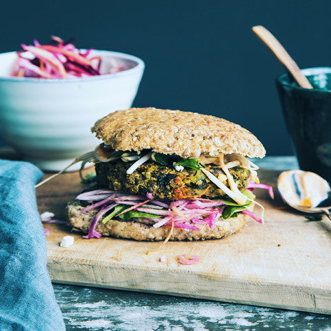 New! Chickpea & Garlic Mushroom Burger with Pink Coleslaw