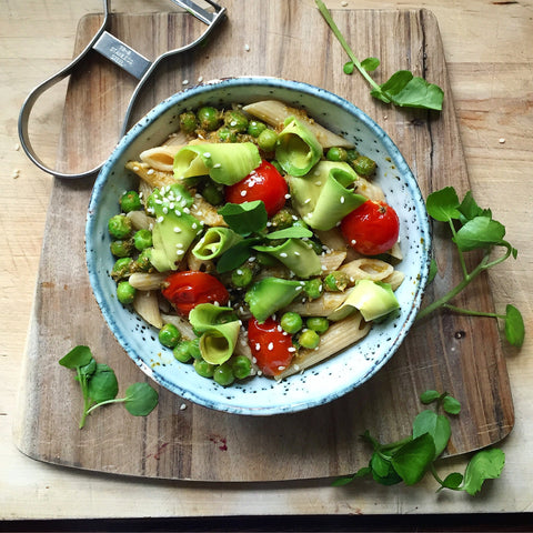 Pesto Pasta With Peas, Tomatoes & Avocado Twirls