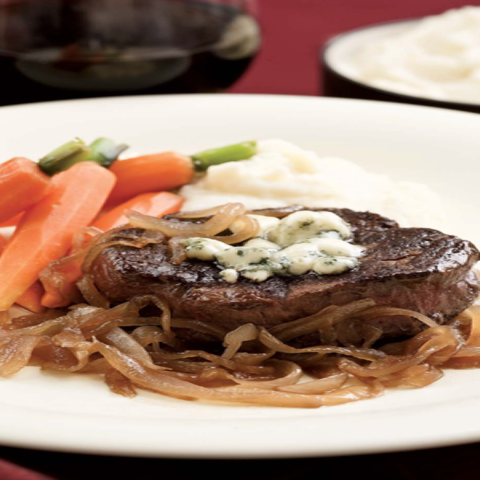 Seared Steaks with Caramelized Onions & Gorgonzola