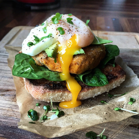 Sweet Potato & Paprika Cake With Spinach, Avocado & Poached Egg